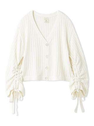 2025 Ribbed Cardigan in white with button closure and drawstring sleeves, cozy and chic knitwear for stylish layering.