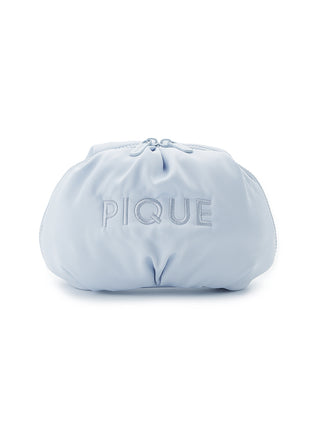 Marshmallow Motif Round Pouch in soft blue with fluffy, puffy design, embroidered 'PIQUE' logo, ideal for cosmetics, with interior pockets.