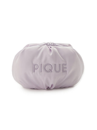 Soft lavender marshmallow motif round pouch with gathered silhouette and large "PIQUE" embroidery, ideal as a cosmetic storage solution.