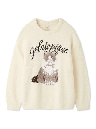 Gelato Pique Baby Moco Cat Jacquard Pullover in cream, front view