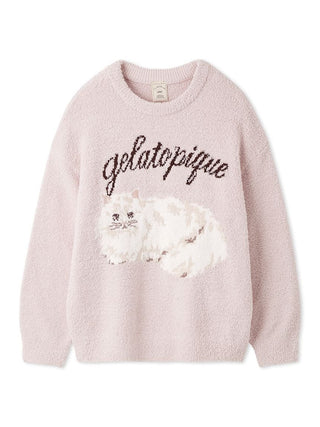 Gelato Pique Baby Moco Cat Jacquard Pullover in pink, front view
