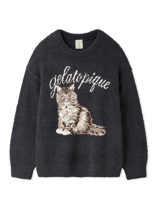 Gelato Pique Baby Moco Cat Jacquard Pullover in navy, front view