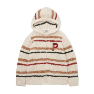 Gelato Fuzzy Border Zip-Up Hoodie with festive stripes in earthy tones, plush texture for cozy warmth, featuring a hood and zipper.