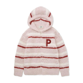 Gelato Fuzzy Border Zip-Up Hoodie in pastel pink, featuring plush fabric and striped design for cozy, festive style.