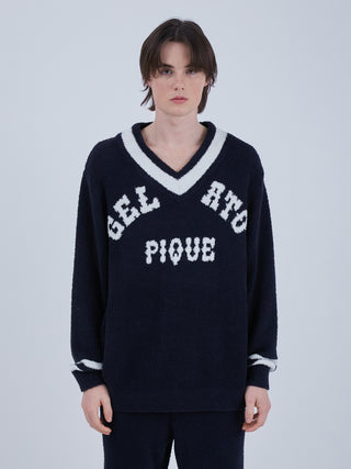 Homme Powder College Logo Jacquard Pullover by Gelato Pique USA. This college logo series is designed with a luxurious "powder" material, and this pullover has the college logo on its V-neckline.