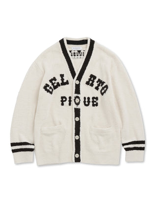 Homme Powder College Logo Jacquard Cardigan by Gelato Pique USA. This versatile piece can be styled in different ways and works great with either striped shirts or plain tees underneath.