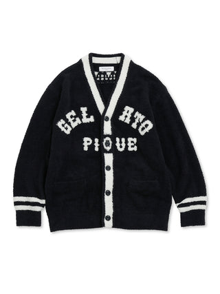 Homme Powder College Logo Jacquard Cardigan by Gelato Pique USA. This versatile piece can be styled in different ways and works great with either striped shirts or plain tees underneath.