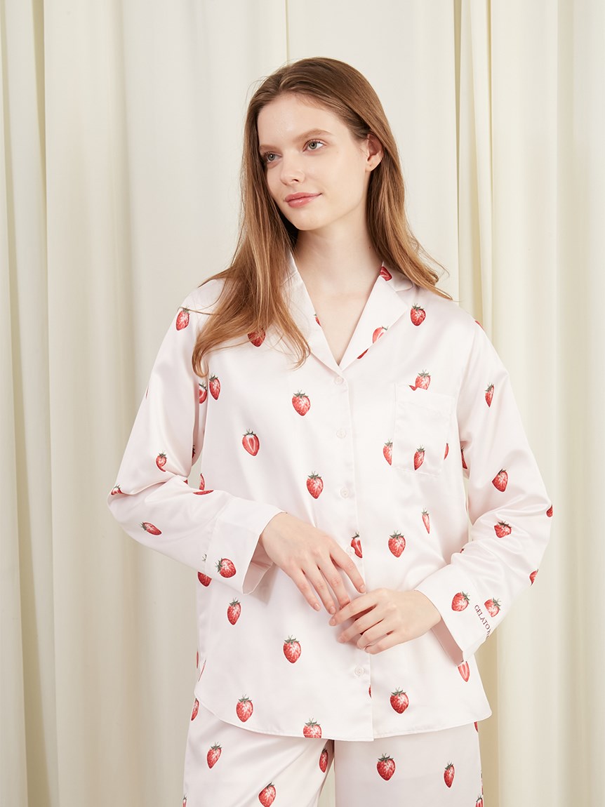 Strawberry Print Women's Sleepwear Satin Shirts