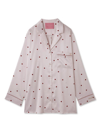 The Louxourious loungewear by Gelato Pique USA Sweet Heart Pattern Satin Shirt is a stylish pajama shirt with a pink heart pattern and smooth satin fabric. 
