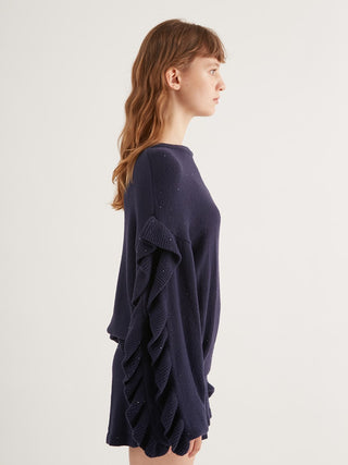 Twinkle Frill Knitted Pullover in navy, Women's Pullover Sweaters at Gelato Pique USA