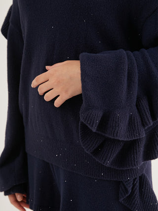 Twinkle Frill Knitted Pullover in navy, Women's Pullover Sweaters at Gelato Pique USA
